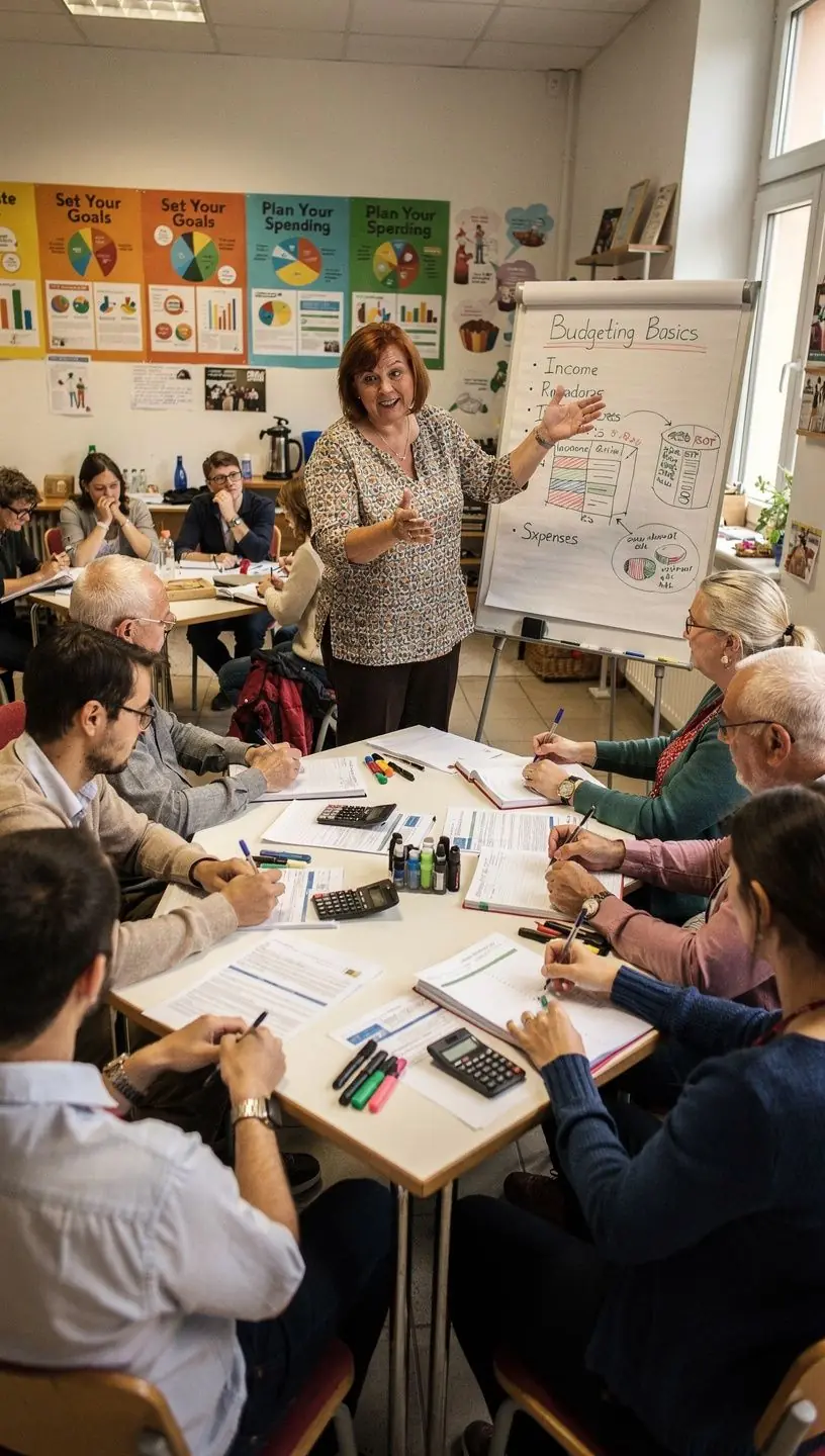 Fotografie rodiny diskutující o svých financích u stolu