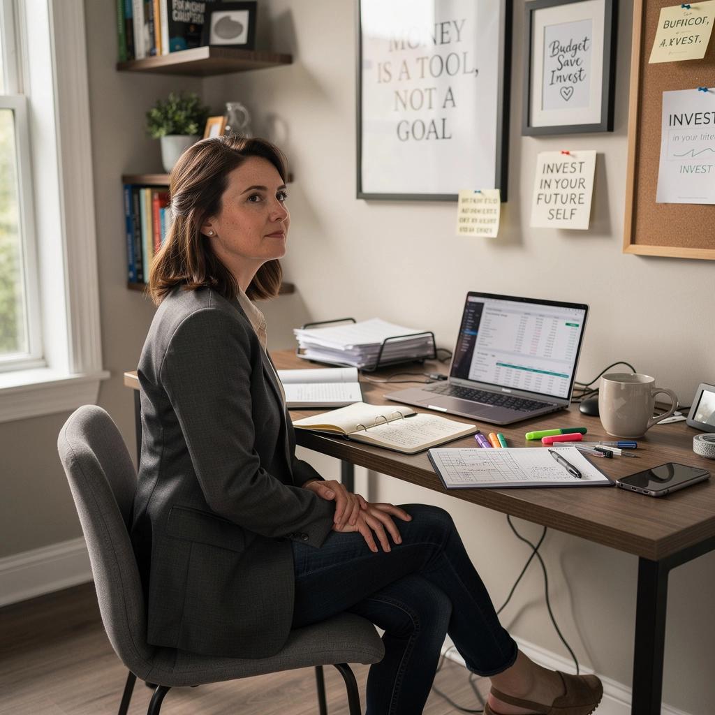 Fotografie knihy o osobních financích spolu s poznámkami k týdennímu cvičení.